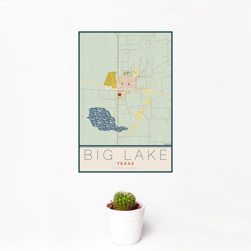 12x18 Big Lake Texas Map Print Portrait Orientation in Woodblock Style With Small Cactus Plant in White Planter
