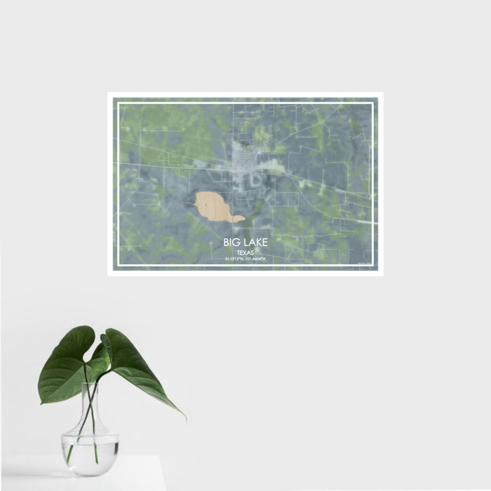 16x24 Big Lake Texas Map Print Landscape Orientation in Afternoon Style With Tropical Plant Leaves in Water