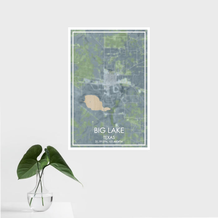 16x24 Big Lake Texas Map Print Portrait Orientation in Afternoon Style With Tropical Plant Leaves in Water