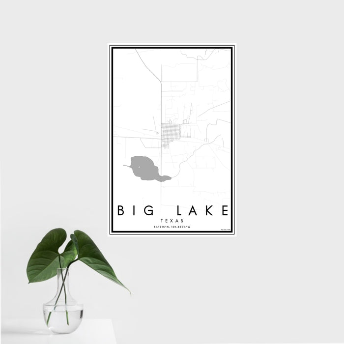 16x24 Big Lake Texas Map Print Portrait Orientation in Classic Style With Tropical Plant Leaves in Water