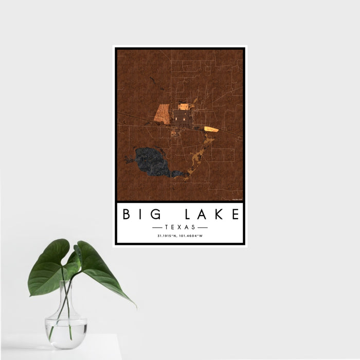 16x24 Big Lake Texas Map Print Portrait Orientation in Ember Style With Tropical Plant Leaves in Water