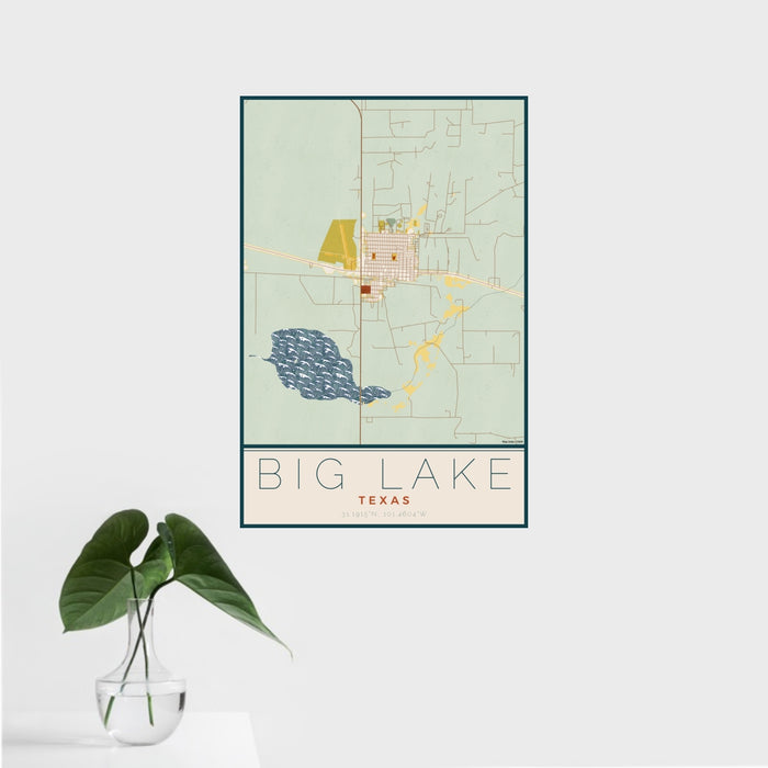 16x24 Big Lake Texas Map Print Portrait Orientation in Woodblock Style With Tropical Plant Leaves in Water
