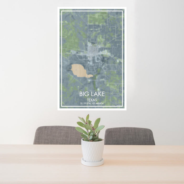 24x36 Big Lake Texas Map Print Portrait Orientation in Afternoon Style Behind 2 Chairs Table and Potted Plant