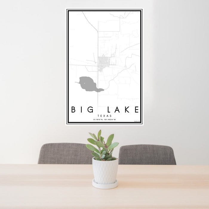 24x36 Big Lake Texas Map Print Portrait Orientation in Classic Style Behind 2 Chairs Table and Potted Plant