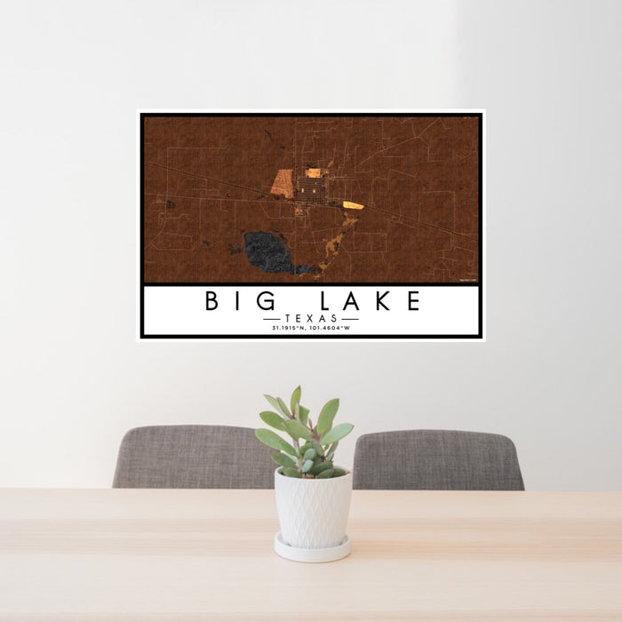 24x36 Big Lake Texas Map Print Lanscape Orientation in Ember Style Behind 2 Chairs Table and Potted Plant