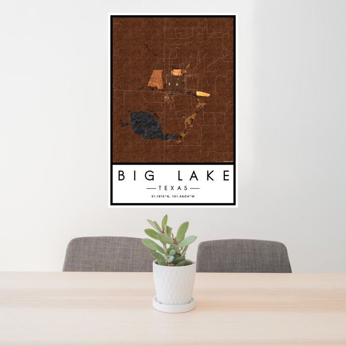 24x36 Big Lake Texas Map Print Portrait Orientation in Ember Style Behind 2 Chairs Table and Potted Plant