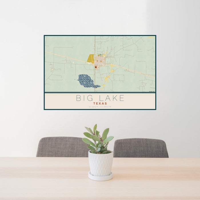 24x36 Big Lake Texas Map Print Lanscape Orientation in Woodblock Style Behind 2 Chairs Table and Potted Plant