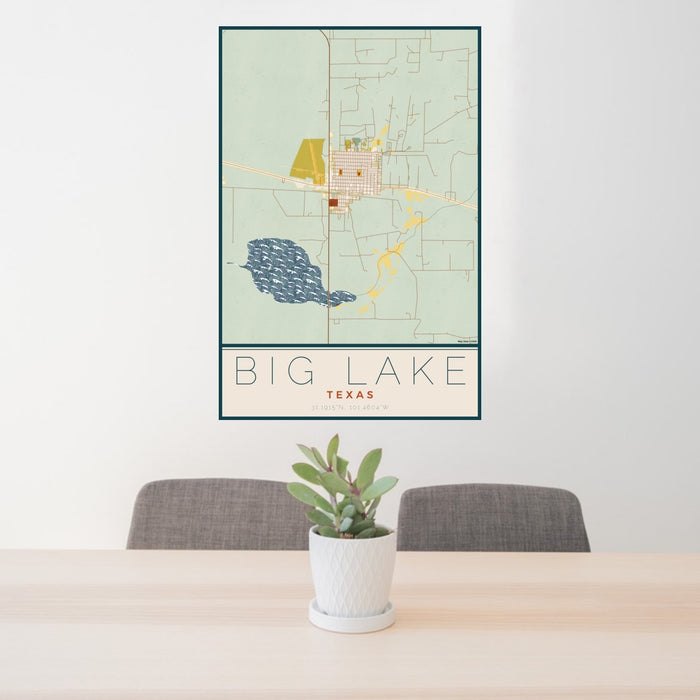 24x36 Big Lake Texas Map Print Portrait Orientation in Woodblock Style Behind 2 Chairs Table and Potted Plant