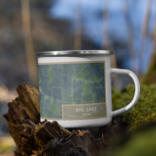 Right View Custom Big Lake Texas Map Enamel Mug in Afternoon on Grass With Trees in Background