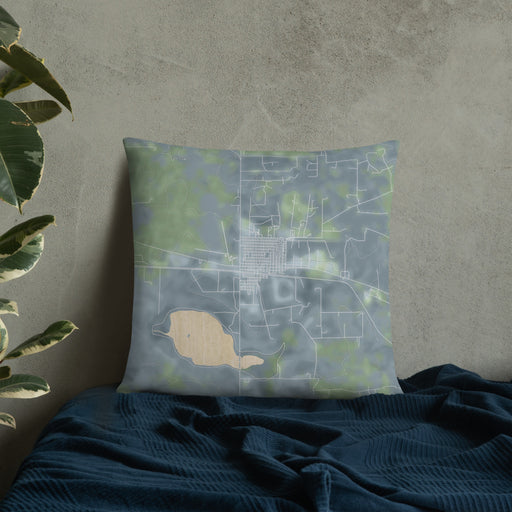 Custom Big Lake Texas Map Throw Pillow in Afternoon on Bedding Against Wall