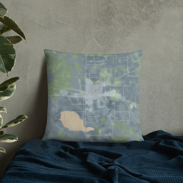 Custom Big Lake Texas Map Throw Pillow in Afternoon on Bedding Against Wall