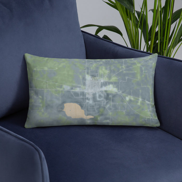Custom Big Lake Texas Map Throw Pillow in Afternoon on Blue Colored Chair