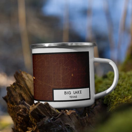 Right View Custom Big Lake Texas Map Enamel Mug in Ember on Grass With Trees in Background
