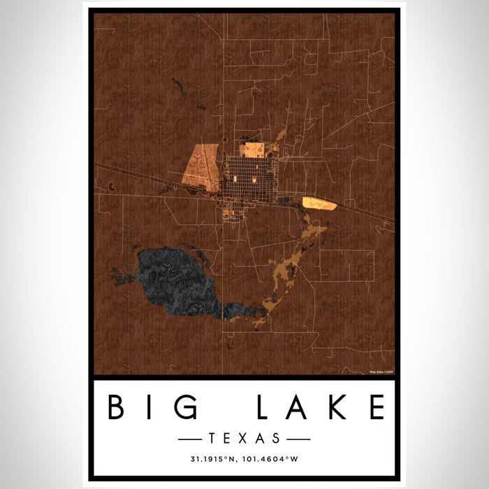 Big Lake Texas Map Print Portrait Orientation in Ember Style With Shaded Background