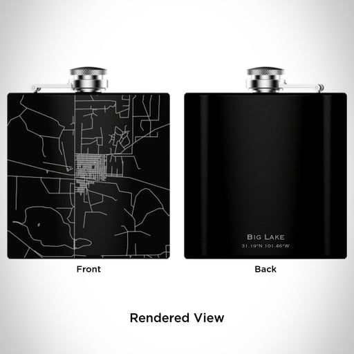 Rendered View of Big Lake Texas Map Engraving on 6oz Stainless Steel Flask in Black