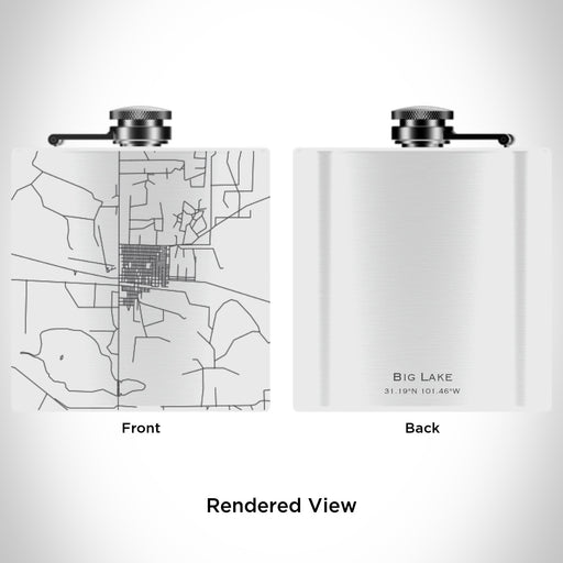 Rendered View of Big Lake Texas Map Engraving on 6oz Stainless Steel Flask in White