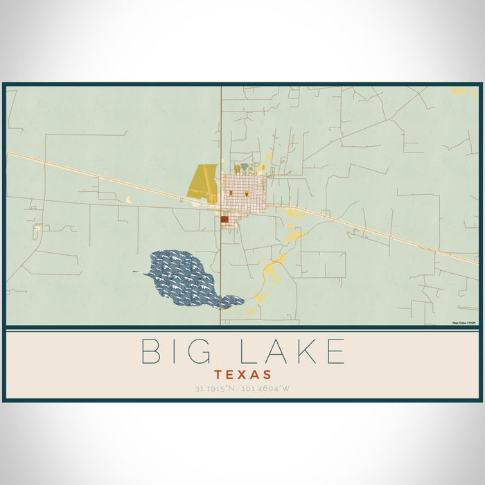 Big Lake Texas Map Print Landscape Orientation in Woodblock Style With Shaded Background