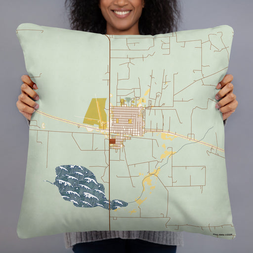 Person holding 22x22 Custom Big Lake Texas Map Throw Pillow in Woodblock