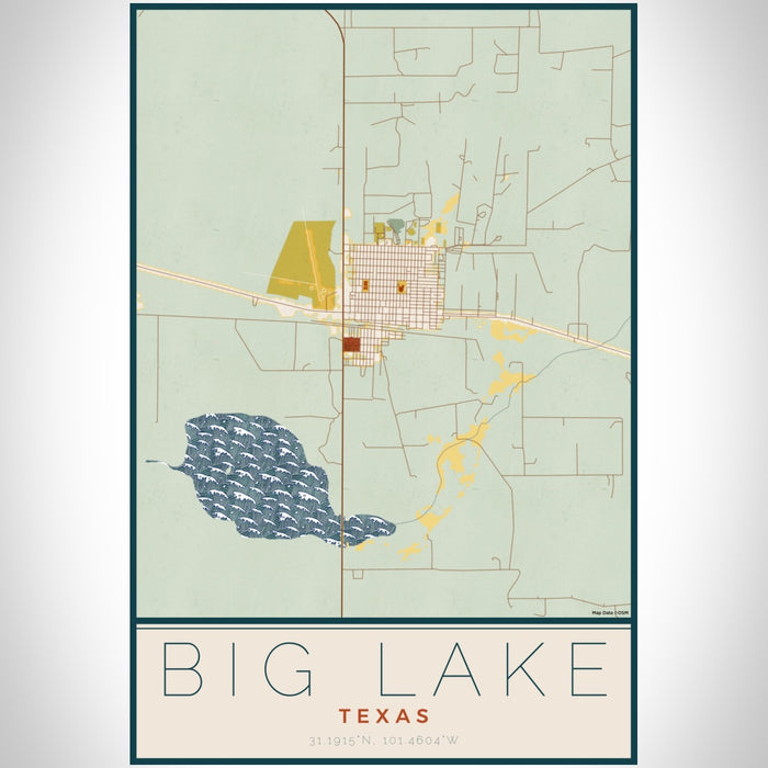 Big Lake Texas Map Print Portrait Orientation in Woodblock Style With Shaded Background