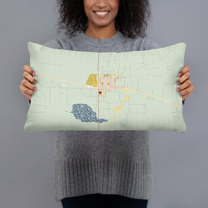 Person holding 20x12 Custom Big Lake Texas Map Throw Pillow in Woodblock