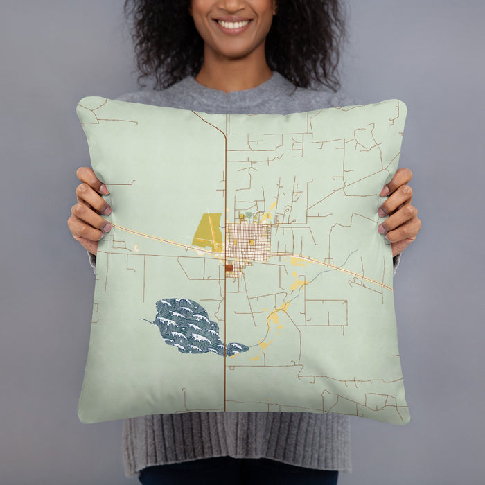 Person holding 18x18 Custom Big Lake Texas Map Throw Pillow in Woodblock