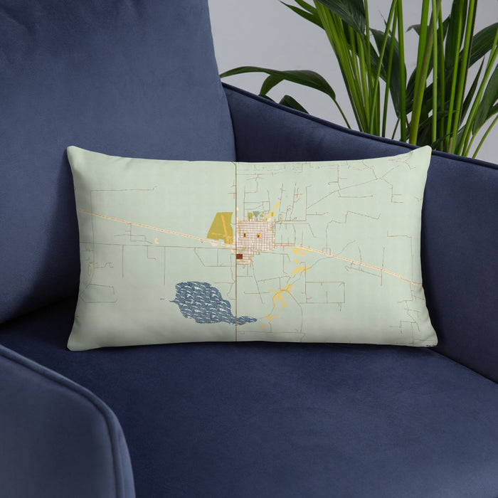 Custom Big Lake Texas Map Throw Pillow in Woodblock on Blue Colored Chair