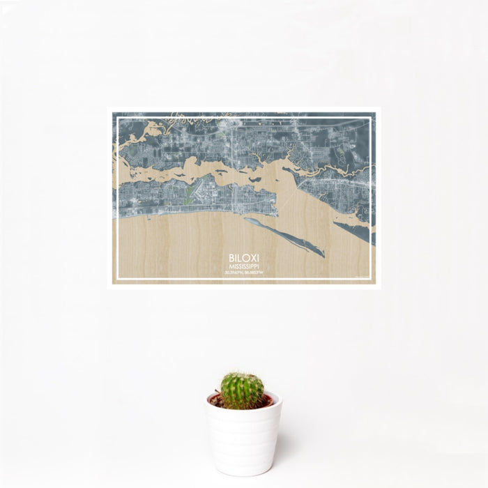 12x18 Biloxi Mississippi Map Print Landscape Orientation in Afternoon Style With Small Cactus Plant in White Planter