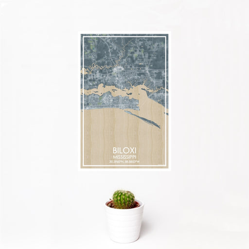 12x18 Biloxi Mississippi Map Print Portrait Orientation in Afternoon Style With Small Cactus Plant in White Planter