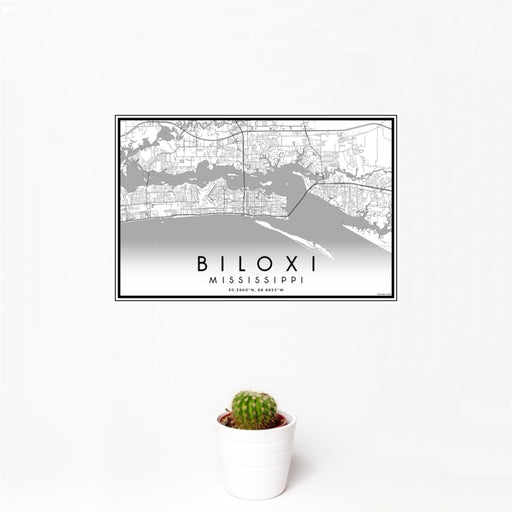 12x18 Biloxi Mississippi Map Print Landscape Orientation in Classic Style With Small Cactus Plant in White Planter