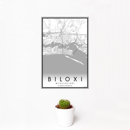 12x18 Biloxi Mississippi Map Print Portrait Orientation in Classic Style With Small Cactus Plant in White Planter