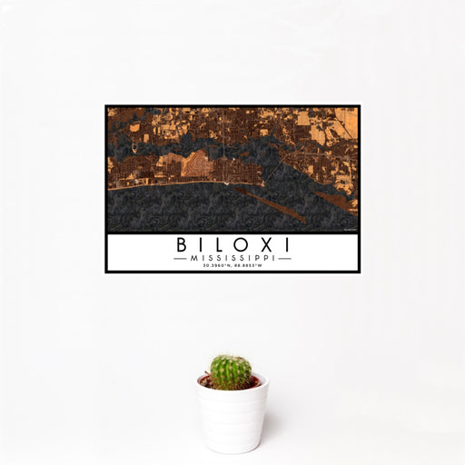 12x18 Biloxi Mississippi Map Print Landscape Orientation in Ember Style With Small Cactus Plant in White Planter