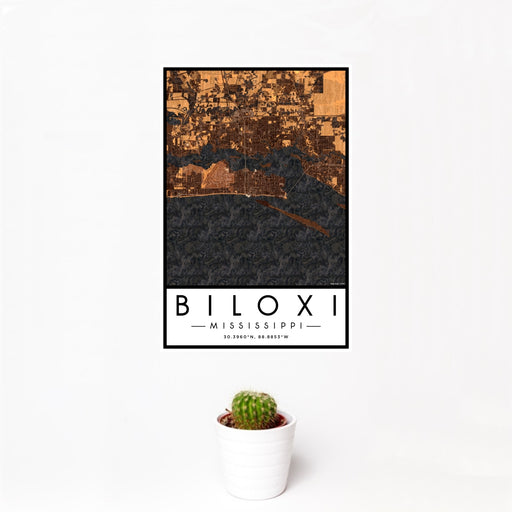 12x18 Biloxi Mississippi Map Print Portrait Orientation in Ember Style With Small Cactus Plant in White Planter