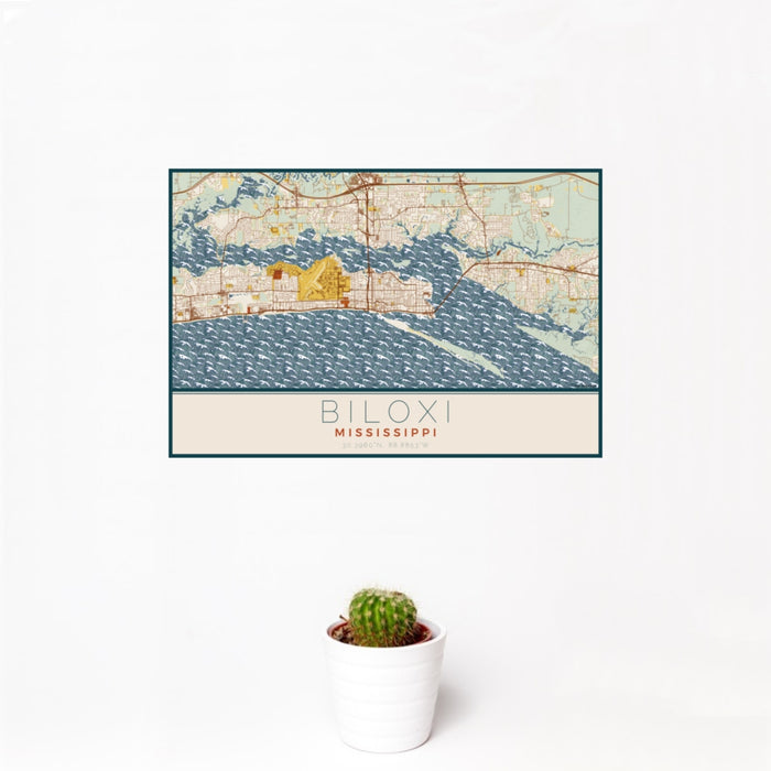 12x18 Biloxi Mississippi Map Print Landscape Orientation in Woodblock Style With Small Cactus Plant in White Planter