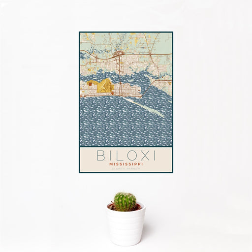 12x18 Biloxi Mississippi Map Print Portrait Orientation in Woodblock Style With Small Cactus Plant in White Planter