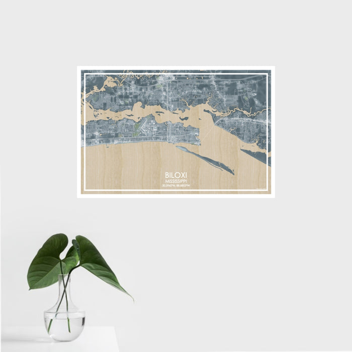 16x24 Biloxi Mississippi Map Print Landscape Orientation in Afternoon Style With Tropical Plant Leaves in Water