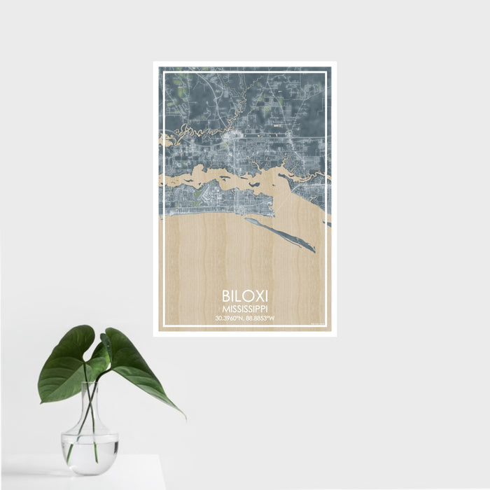 16x24 Biloxi Mississippi Map Print Portrait Orientation in Afternoon Style With Tropical Plant Leaves in Water