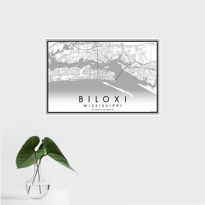16x24 Biloxi Mississippi Map Print Landscape Orientation in Classic Style With Tropical Plant Leaves in Water