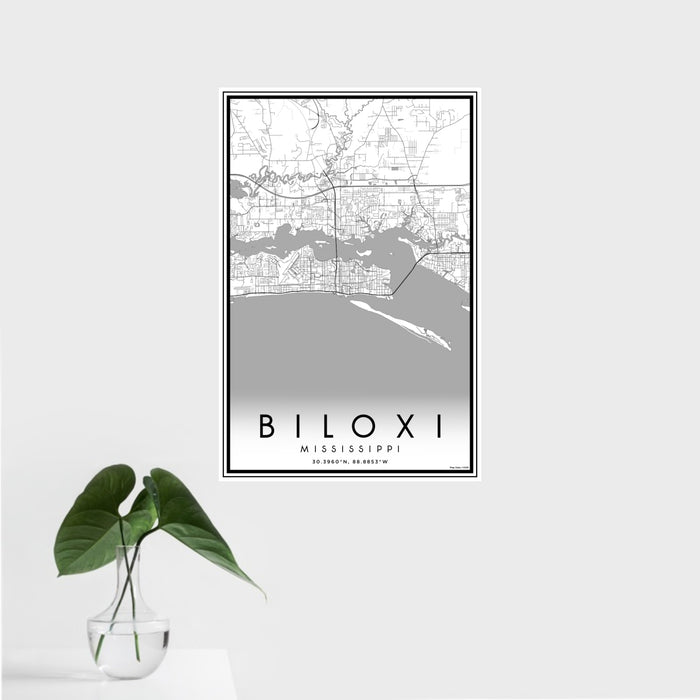 16x24 Biloxi Mississippi Map Print Portrait Orientation in Classic Style With Tropical Plant Leaves in Water