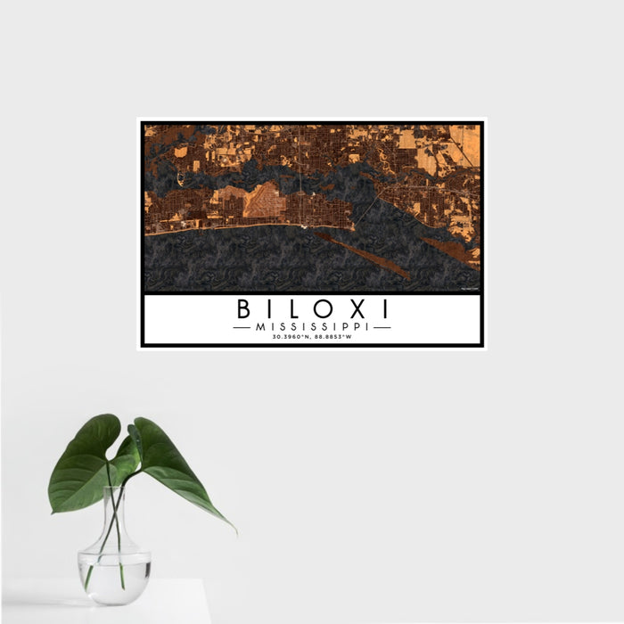 16x24 Biloxi Mississippi Map Print Landscape Orientation in Ember Style With Tropical Plant Leaves in Water