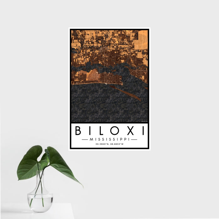 16x24 Biloxi Mississippi Map Print Portrait Orientation in Ember Style With Tropical Plant Leaves in Water