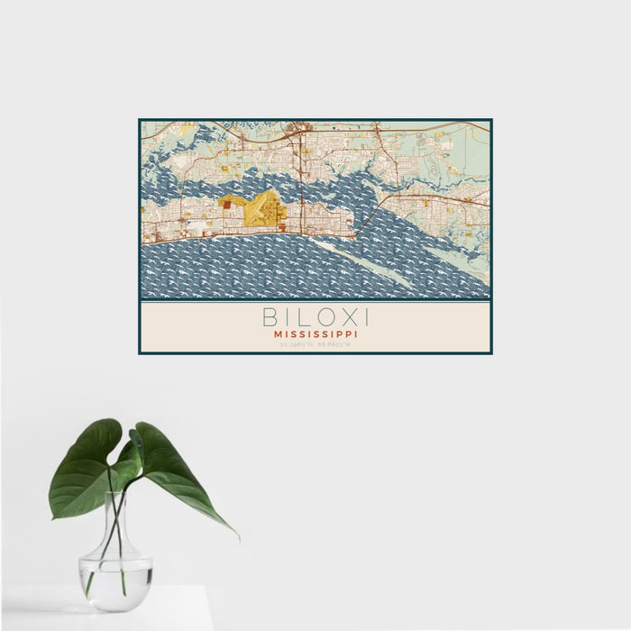 16x24 Biloxi Mississippi Map Print Landscape Orientation in Woodblock Style With Tropical Plant Leaves in Water