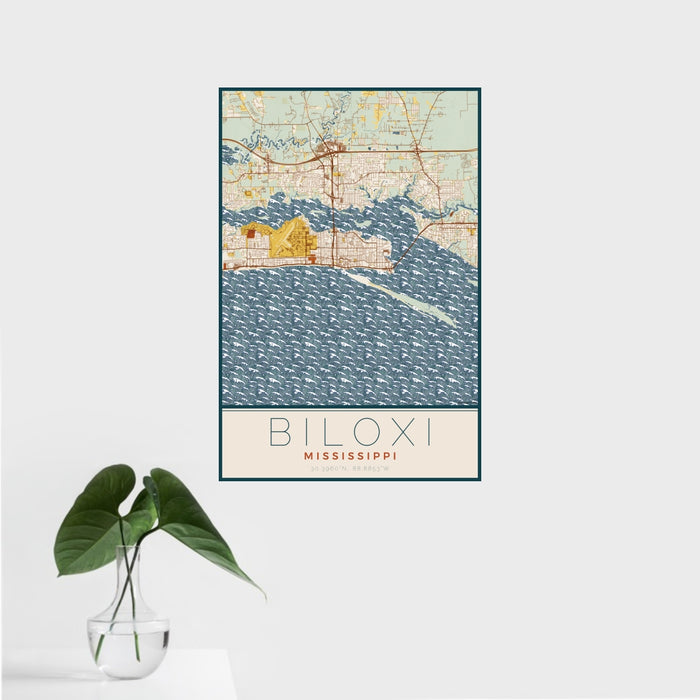 16x24 Biloxi Mississippi Map Print Portrait Orientation in Woodblock Style With Tropical Plant Leaves in Water