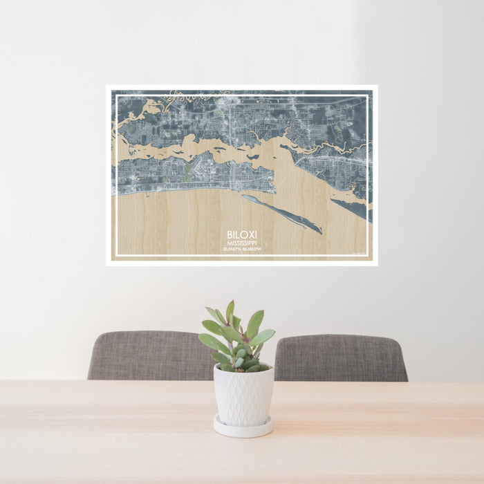 24x36 Biloxi Mississippi Map Print Lanscape Orientation in Afternoon Style Behind 2 Chairs Table and Potted Plant