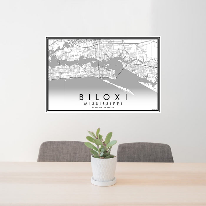 24x36 Biloxi Mississippi Map Print Lanscape Orientation in Classic Style Behind 2 Chairs Table and Potted Plant