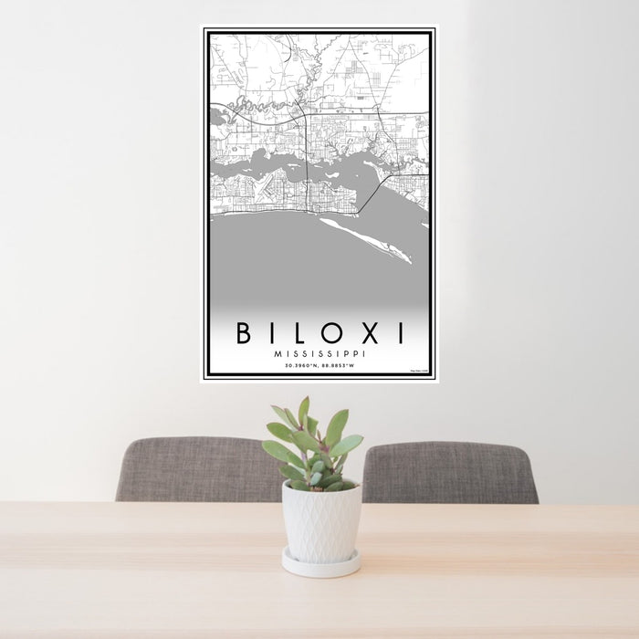 24x36 Biloxi Mississippi Map Print Portrait Orientation in Classic Style Behind 2 Chairs Table and Potted Plant