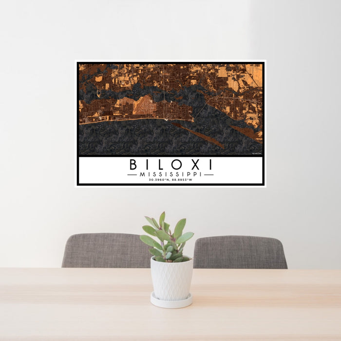 24x36 Biloxi Mississippi Map Print Lanscape Orientation in Ember Style Behind 2 Chairs Table and Potted Plant