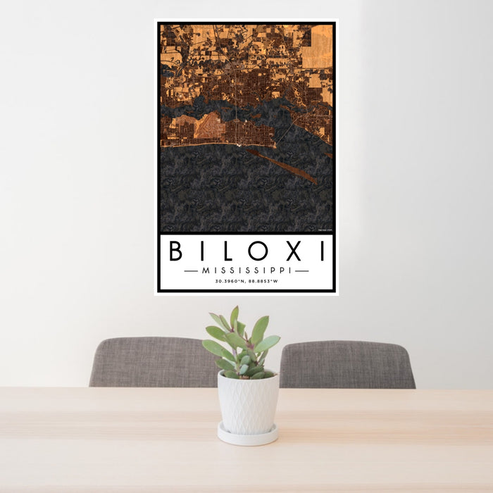 24x36 Biloxi Mississippi Map Print Portrait Orientation in Ember Style Behind 2 Chairs Table and Potted Plant