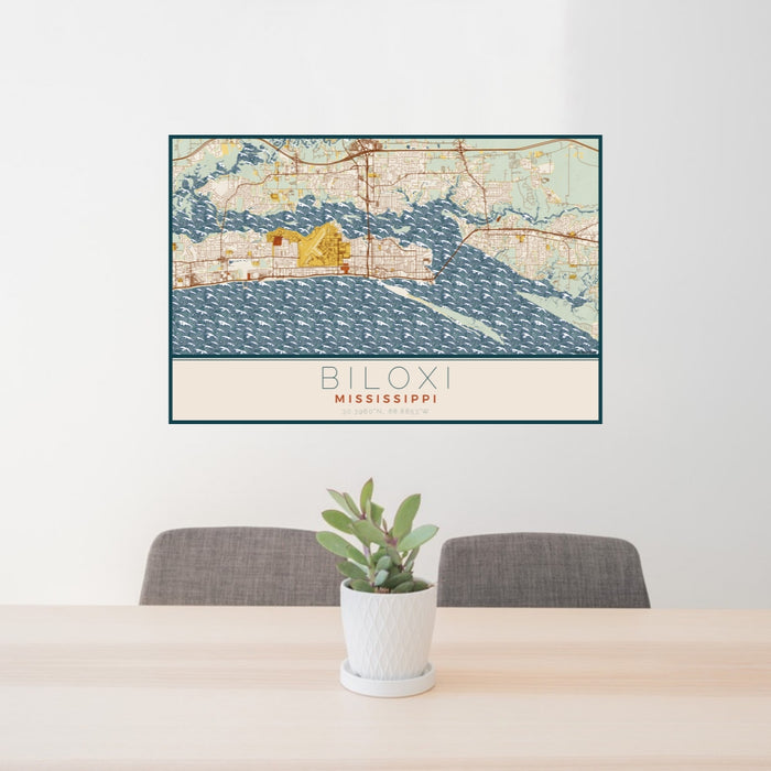 24x36 Biloxi Mississippi Map Print Lanscape Orientation in Woodblock Style Behind 2 Chairs Table and Potted Plant