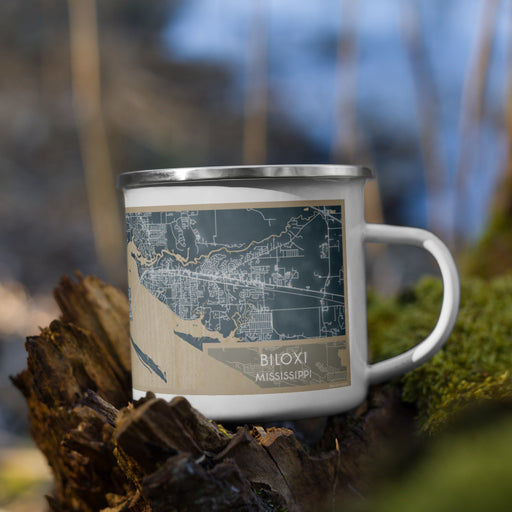 Right View Custom Biloxi Mississippi Map Enamel Mug in Afternoon on Grass With Trees in Background