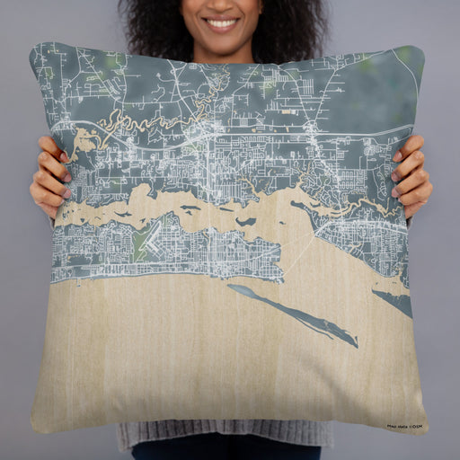 Person holding 22x22 Custom Biloxi Mississippi Map Throw Pillow in Afternoon